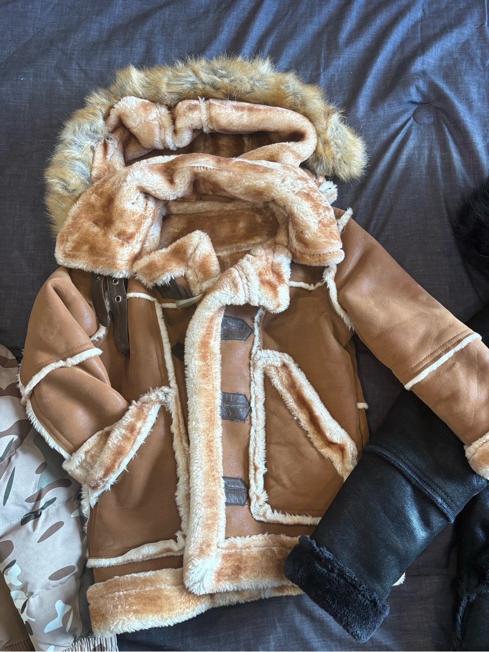 Jordan Craig Kids Faux-Shearling Hooded Pea Coat - Brown & Cream
